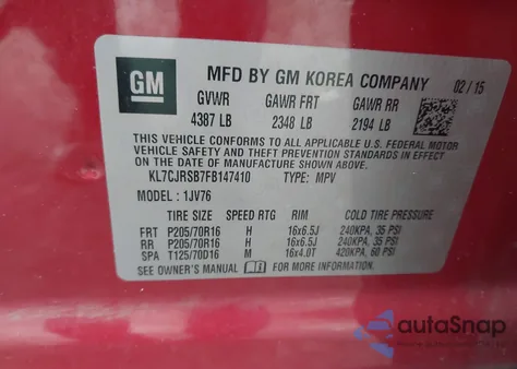 2015 Chevrolet Trax Lt z USA, uszkodzony, nr VIN KL7CJRSB7FB147410